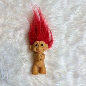 Vintage Collectable Novelty Treasure Troll Doll Red Hair Lips on Cheek 3" Tall